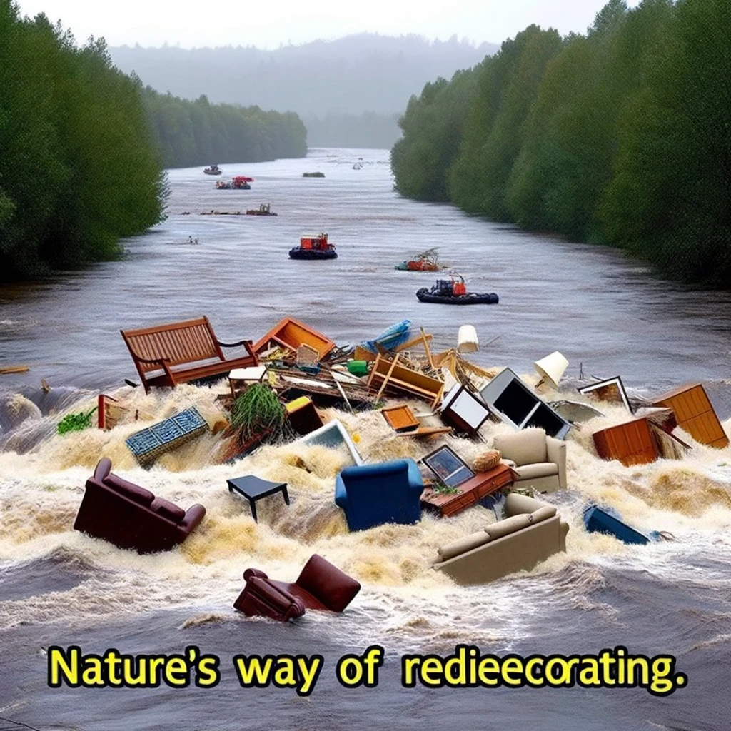 A meme showing an overflowing river with furniture floating by, captioned "Nature's way of redecorating."