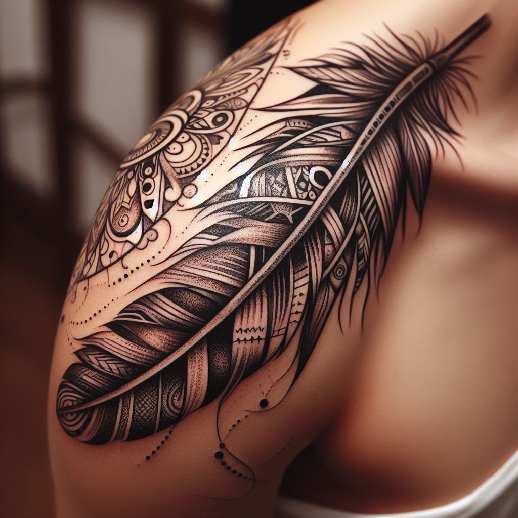 A detailed tattoo of a Native American feather, draped over the shoulder and extending down the arm. The feather is designed with intricate patterns and symbols, with each line and dot adding to its significance and beauty. It symbolizes trust, honor, strength, wisdom, power, and freedom.