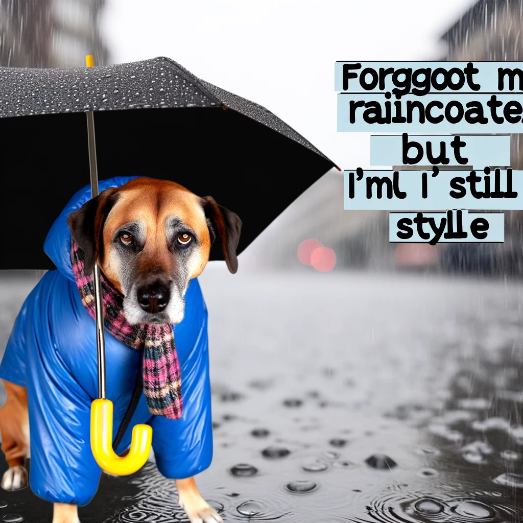 A meme of a dog with an umbrella in heavy rain captioned "Forgot my raincoat, but I'm still stylish."