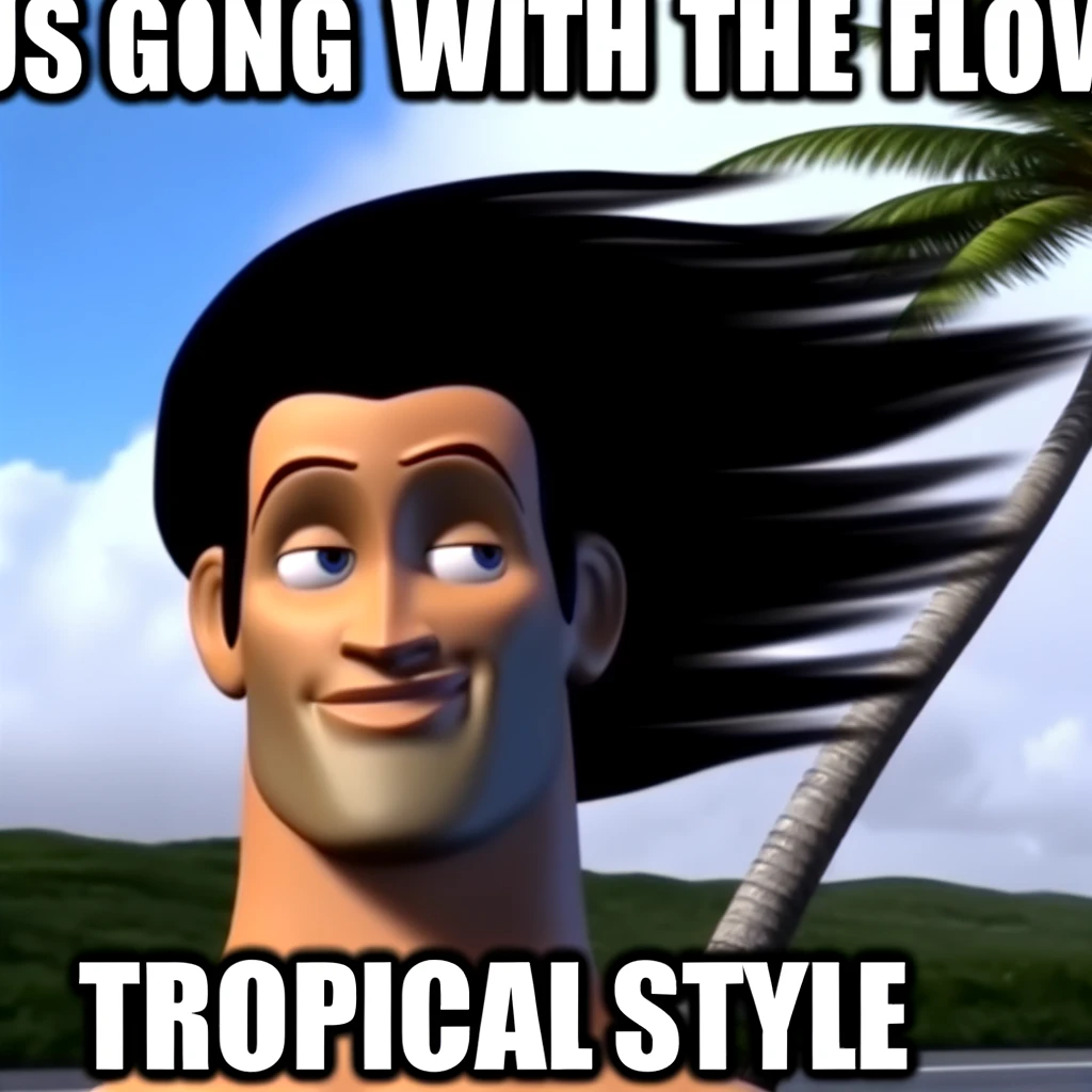 A meme featuring a palm tree swaying in a strong wind with the caption "Just going with the flow, tropical style."