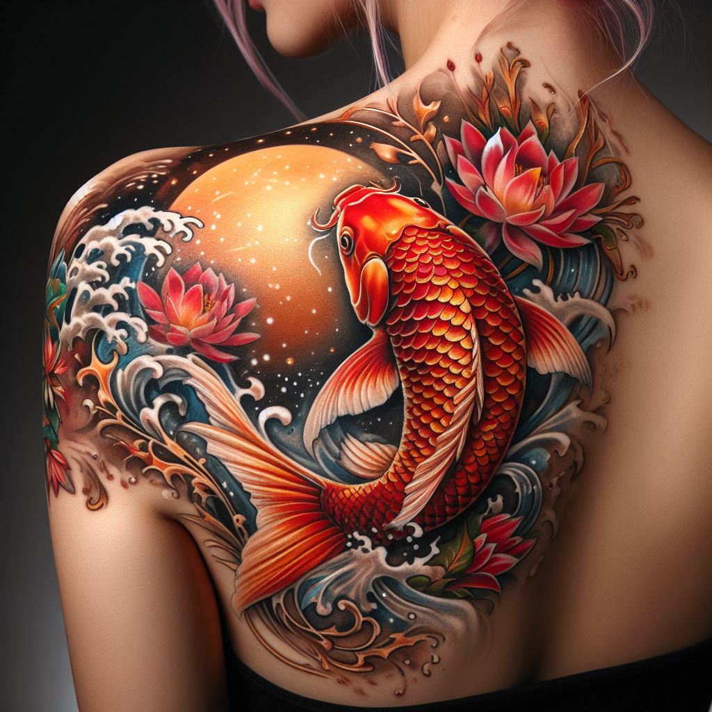 A Japanese koi fish tattoo, swimming up from the shoulder to the neck, symbolizing perseverance and strength. The koi is colored in vibrant hues of orange, red, and gold, with flowing water and lotus flowers incorporated into the design. The tattoo reflects the Japanese aesthetic, emphasizing beauty, life, and resilience.