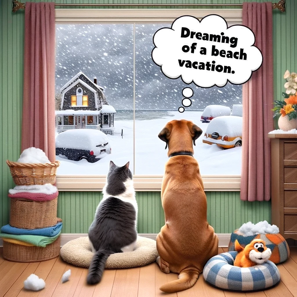 A meme featuring a cat and dog sitting inside looking at a blizzard outside, captioned "Dreaming of a beach vacation."