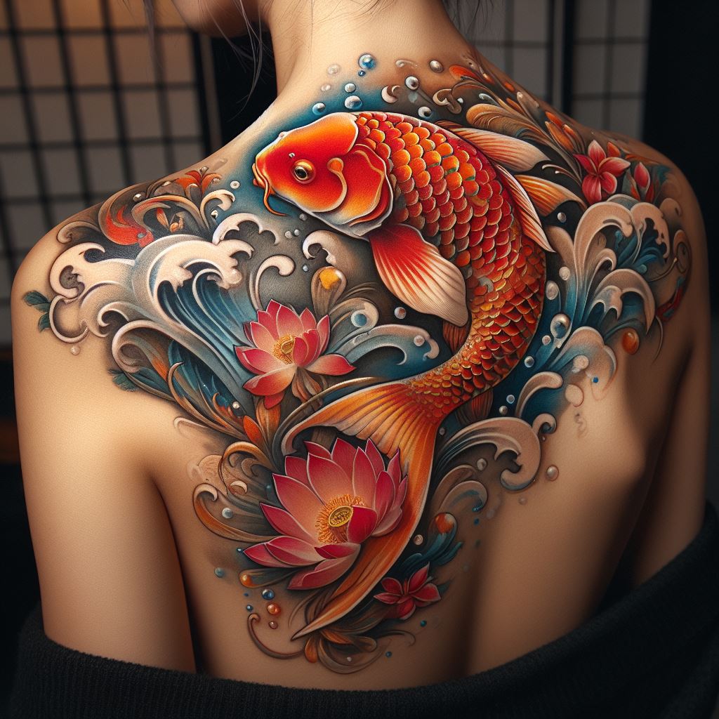 A Japanese koi fish tattoo, swimming up from the shoulder to the neck, symbolizing perseverance and strength. The koi is colored in vibrant hues of orange, red, and gold, with flowing water and lotus flowers incorporated into the design. The tattoo reflects the Japanese aesthetic, emphasizing beauty, life, and resilience.