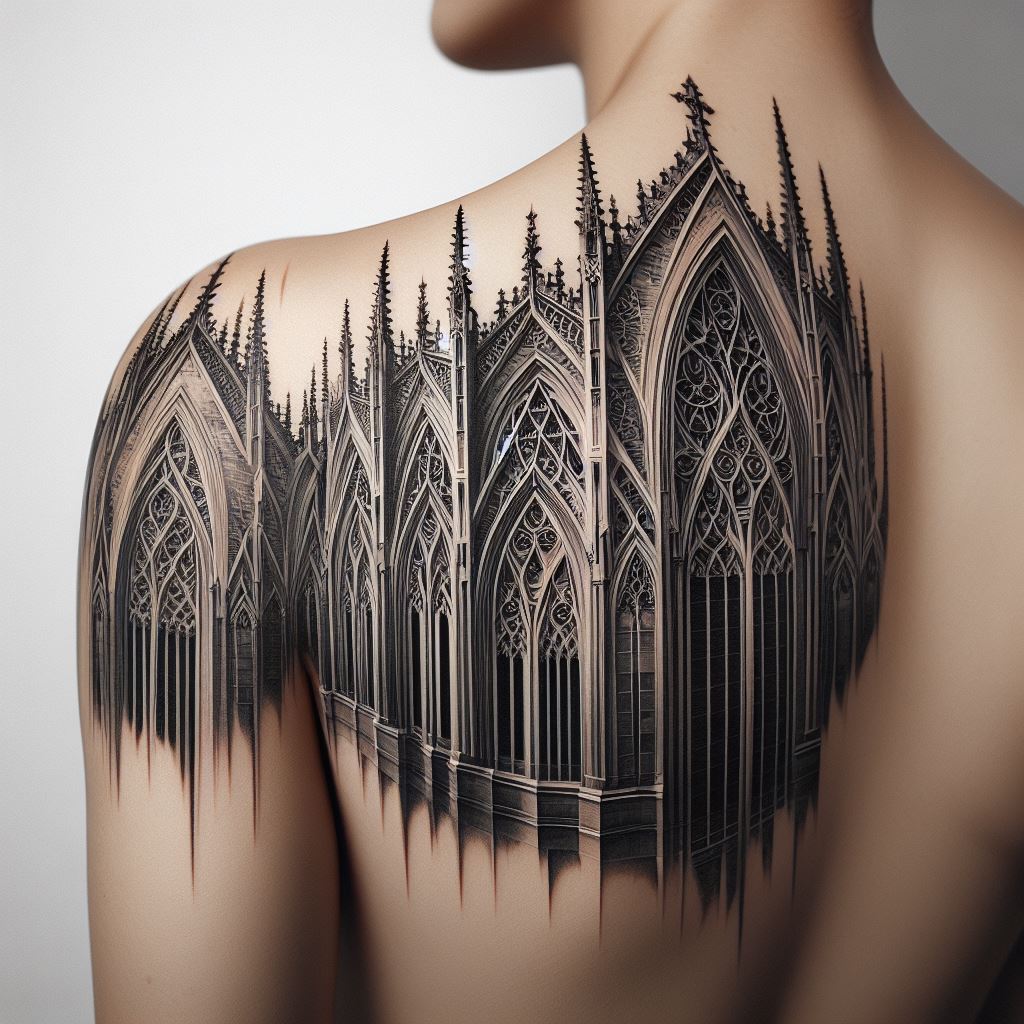 A tattoo that mimics the intricate details of Gothic architecture, covering the shoulder with pointed arches, flying buttresses, and detailed windows. The design captures the essence of Gothic cathedrals and churches, bringing a piece of architectural beauty to the body. The precision and complexity of the design offer a stunning and unique tattoo option.