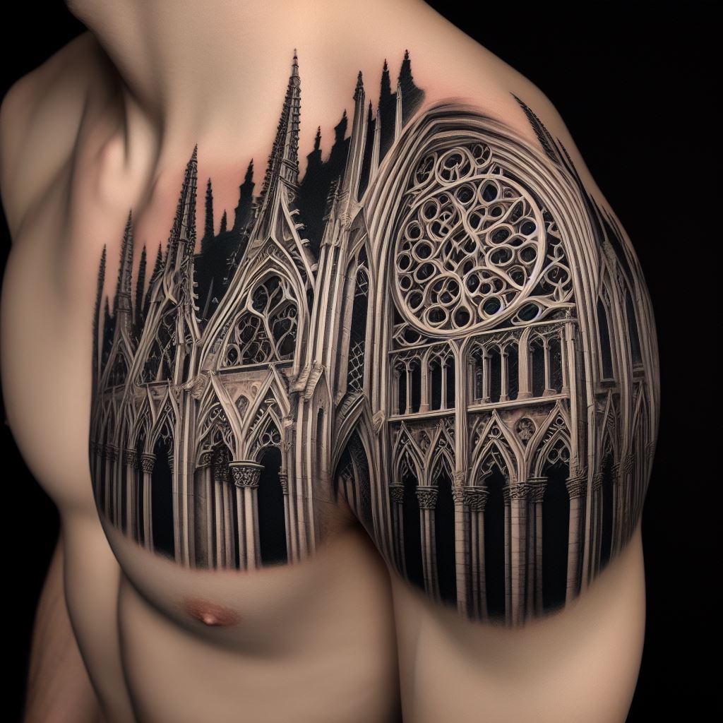 A tattoo that mimics the intricate details of Gothic architecture, covering the shoulder with pointed arches, flying buttresses, and detailed windows. The design captures the essence of Gothic cathedrals and churches, bringing a piece of architectural beauty to the body. The precision and complexity of the design offer a stunning and unique tattoo option.
