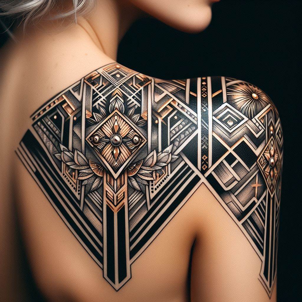 A sophisticated tattoo inspired by the geometric patterns and bold lines of Art Deco design, spanning across the shoulder. It features symmetrical shapes and luxurious motifs reminiscent of the roaring twenties, with elements of gold and silver ink to add a touch of glamour.