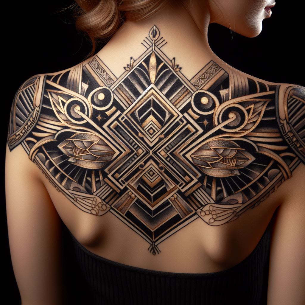 A sophisticated tattoo inspired by the geometric patterns and bold lines of Art Deco design, spanning across the shoulder. It features symmetrical shapes and luxurious motifs reminiscent of the roaring twenties, with elements of gold and silver ink to add a touch of glamour.