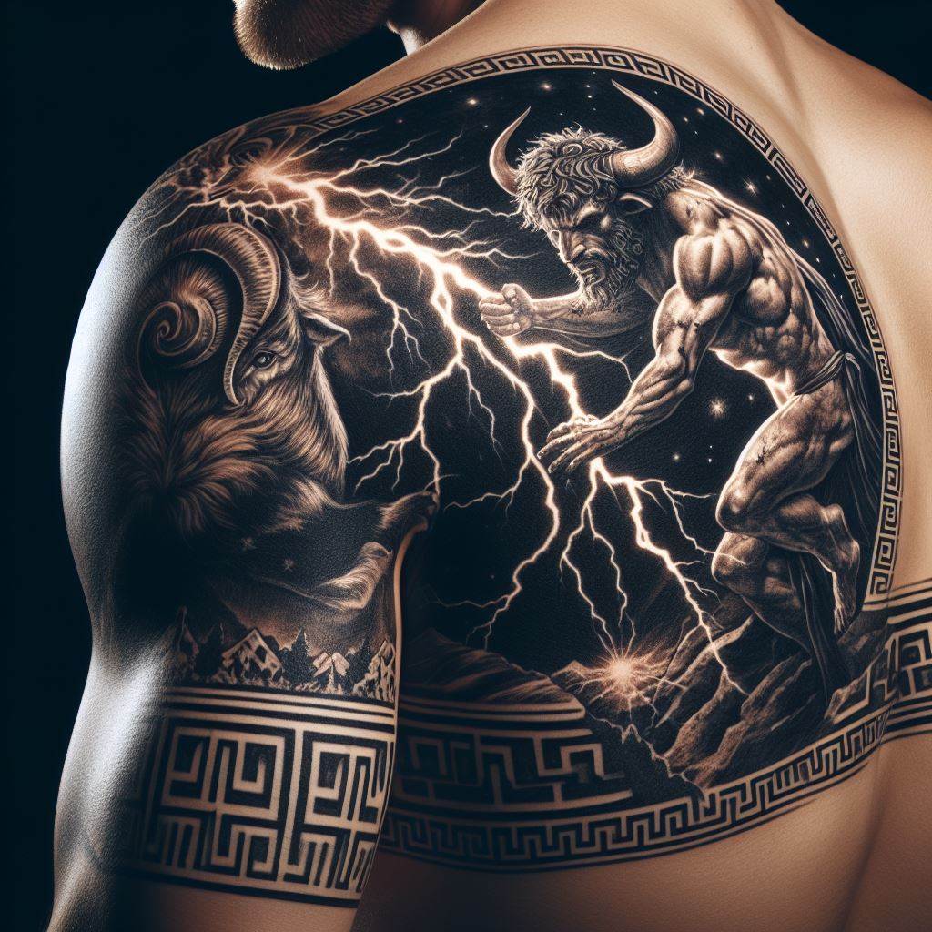 A dramatic scene from Greek mythology, such as the Minotaur or Zeus wielding lightning, etched across the shoulder. This tattoo combines powerful imagery with elements of ancient art, including Greek key patterns and classical sculpture styles, to tell a timeless story of heroism and mythology.
