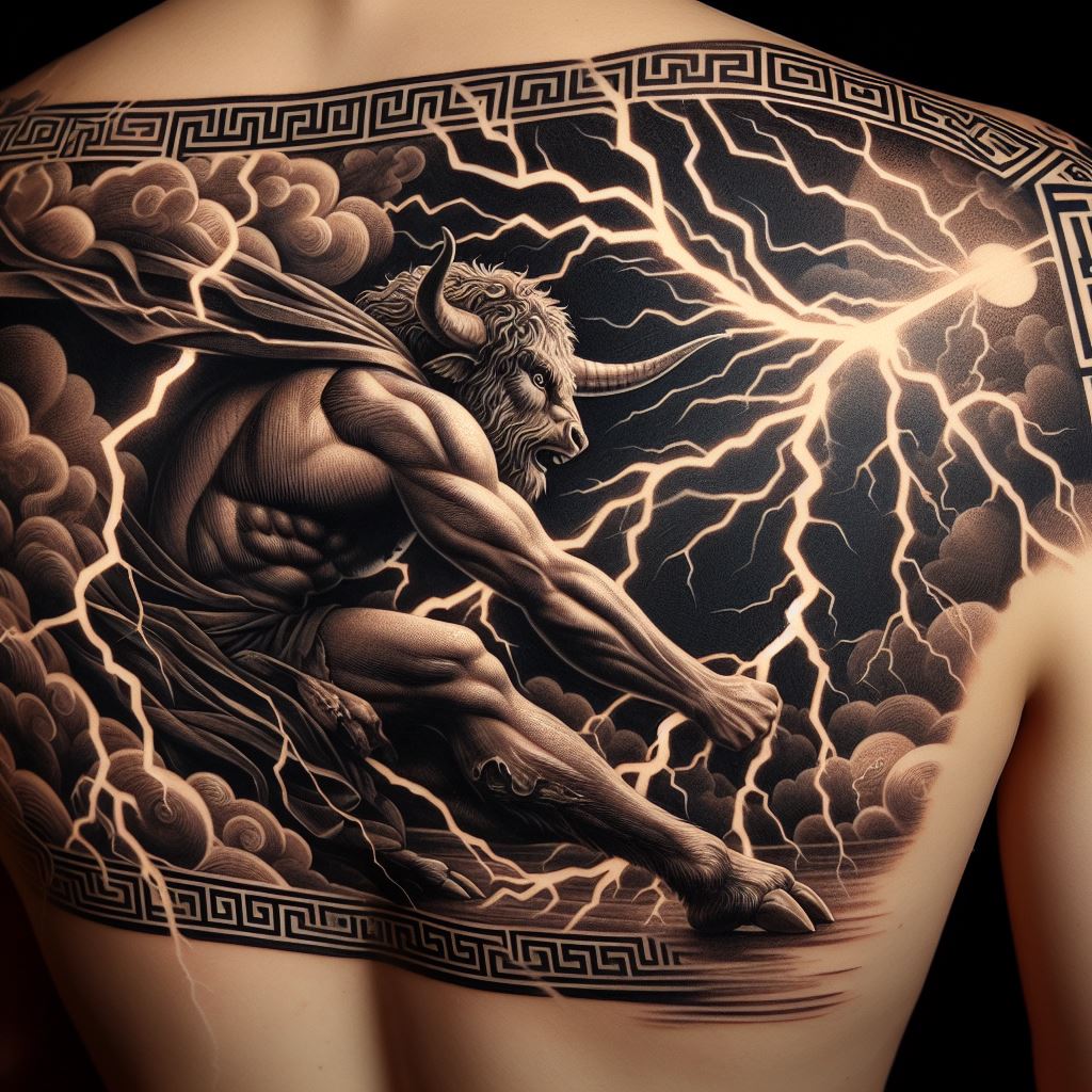 A dramatic scene from Greek mythology, such as the Minotaur or Zeus wielding lightning, etched across the shoulder. This tattoo combines powerful imagery with elements of ancient art, including Greek key patterns and classical sculpture styles, to tell a timeless story of heroism and mythology.