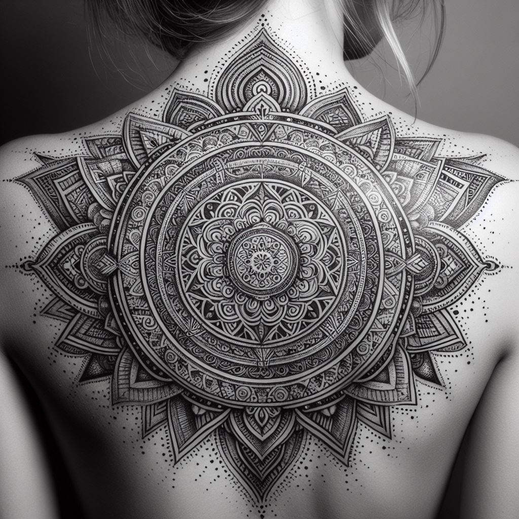 A detailed mandala design centered on the shoulder, radiating outwards with intricate patterns and symbols. Each line and shape within the mandala is filled with deep spiritual meaning, offering a sense of balance, harmony, and personal growth. The design uses a combination of fine lines and dot work to create a mesmerizing effect.