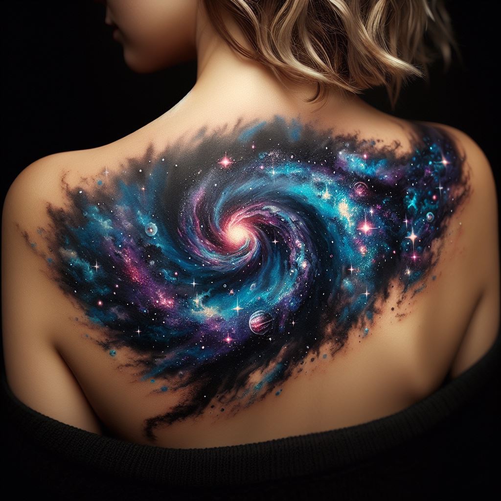 A breathtaking galaxy design that spans the shoulder, incorporating swirling galaxies, twinkling stars, and vibrant nebulas. This tattoo uses shades of blue, purple, and black, with specks of white for the stars, creating a deep and mesmerizing view into the cosmos, symbolizing the vastness and beauty of the universe.