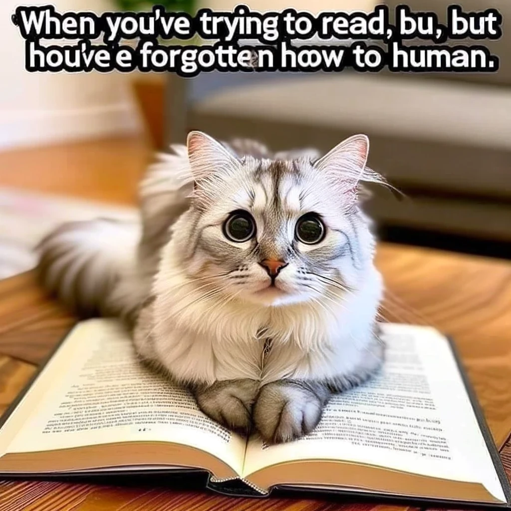 A humorous meme featuring a cat sitting on an open book, looking perplexed, with the caption "When you're trying to read, but you've forgotten how to human."