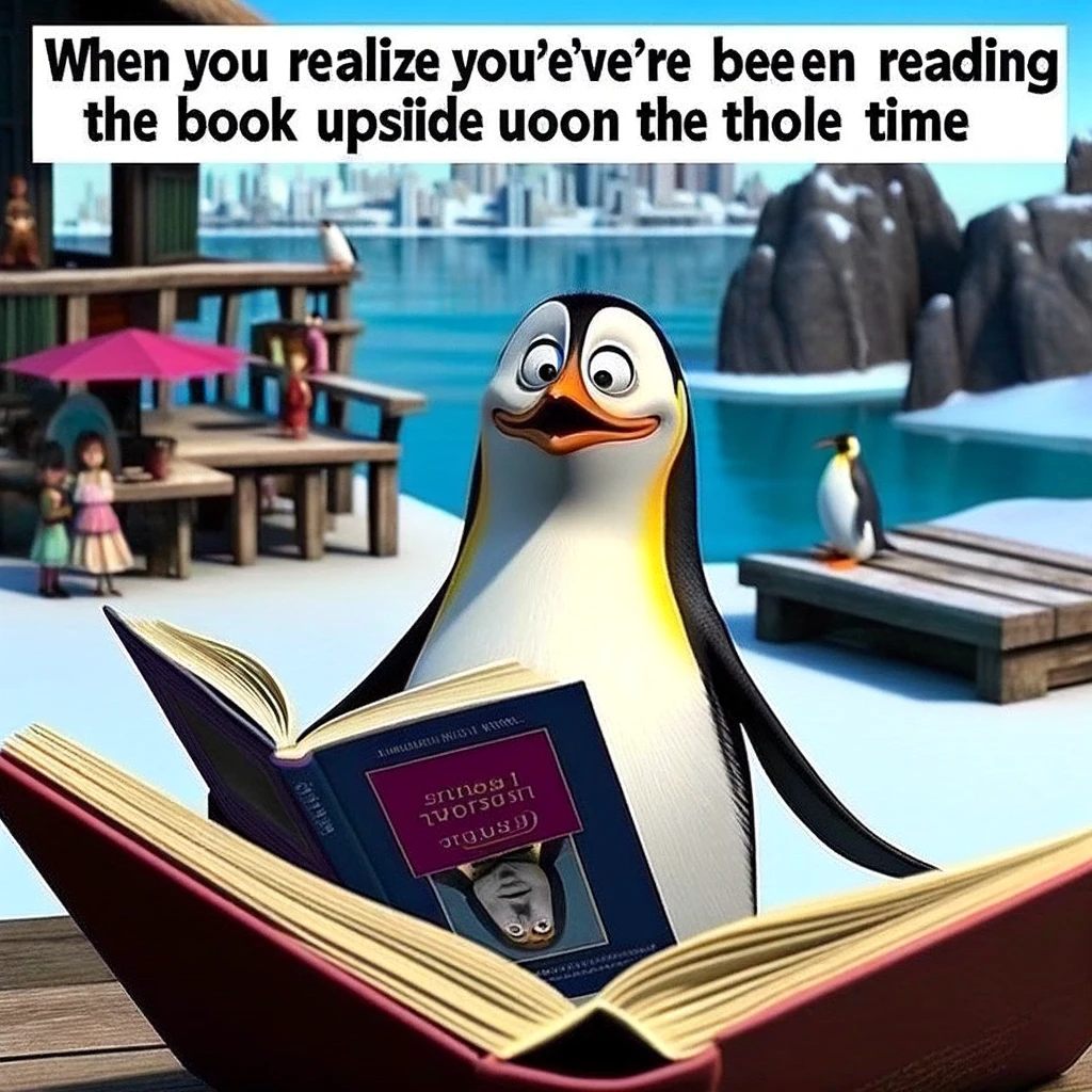 A funny meme showing a penguin looking at a book upside down with the caption, "When you realize you've been reading the book upside down the whole time."