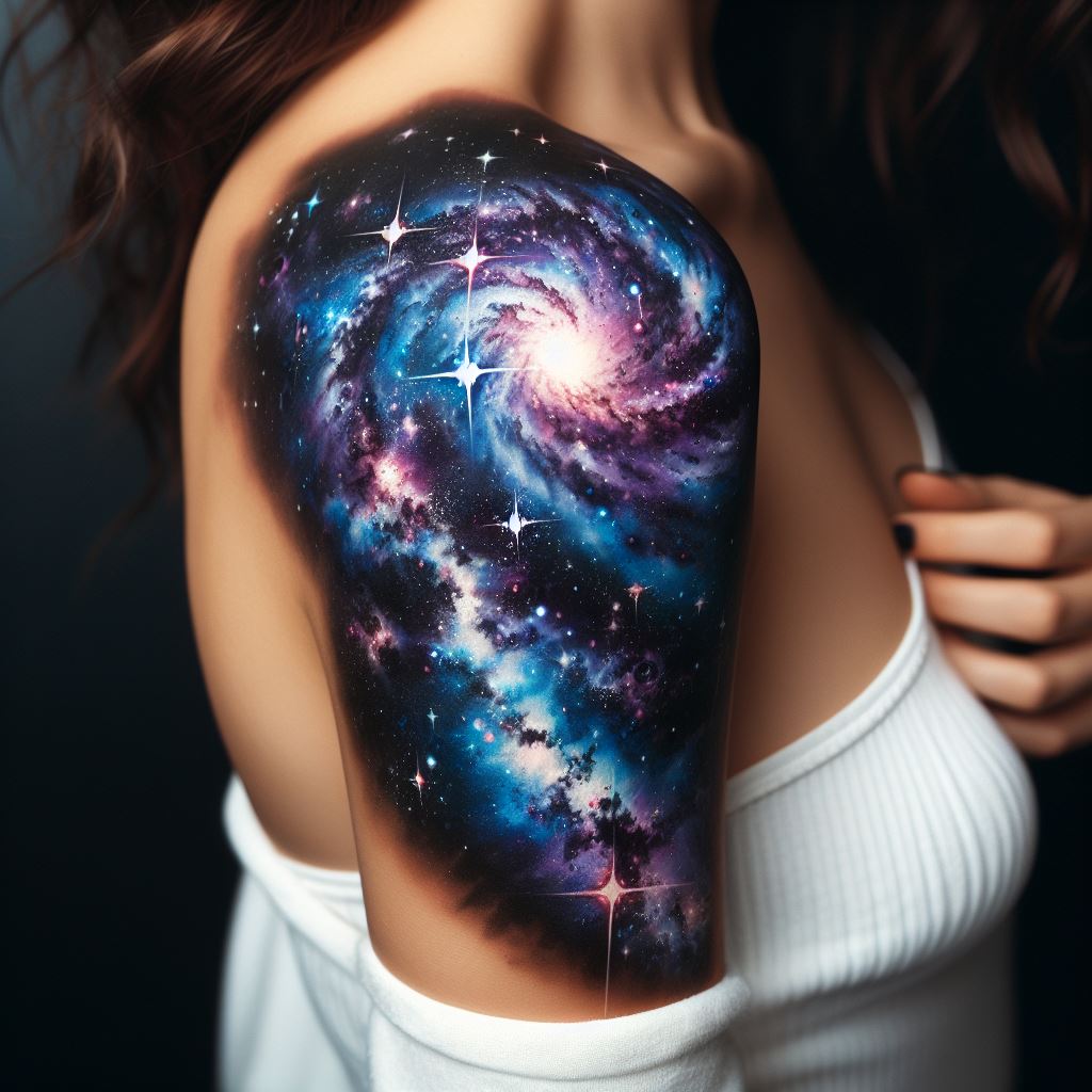 A breathtaking galaxy design that spans the shoulder, incorporating swirling galaxies, twinkling stars, and vibrant nebulas. This tattoo uses shades of blue, purple, and black, with specks of white for the stars, creating a deep and mesmerizing view into the cosmos, symbolizing the vastness and beauty of the universe.