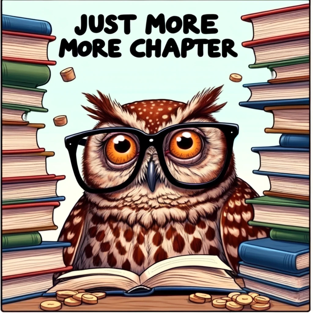 An amusing meme of an owl with large glasses, surrounded by stacks of books, with the caption "Just one more chapter," as it struggles to keep its eyes open.