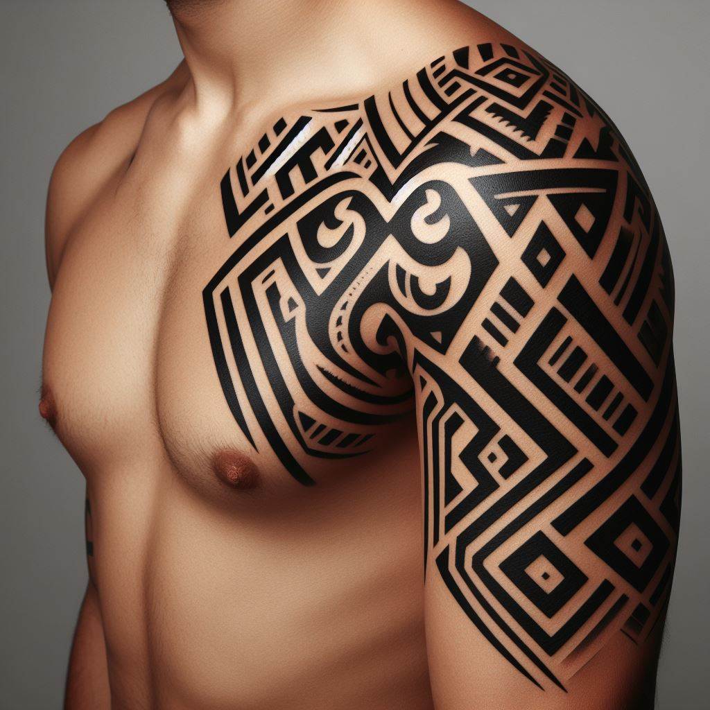 An intricate tribal design that symbolizes strength and bravery, wrapping around the shoulder and down the arm. The tattoo features bold, black lines and shapes that are inspired by traditional tribal tattoos from cultures around the world, embodying the spirit of a warrior.