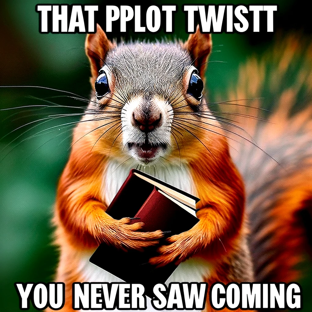 A hilarious meme showing a squirrel clutching a book to its chest with wide eyes, captioned, "That plot twist you never saw coming."
