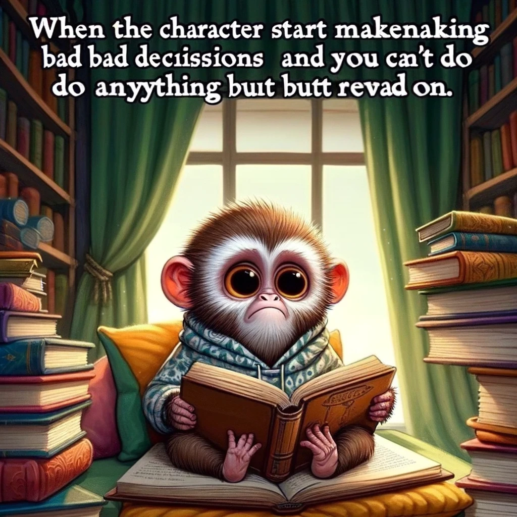 A delightful meme of a monkey in a cozy reading nook, surrounded by books, holding a book with a confused expression, captioned, "When the characters start making bad decisions and you can't do anything but read on."