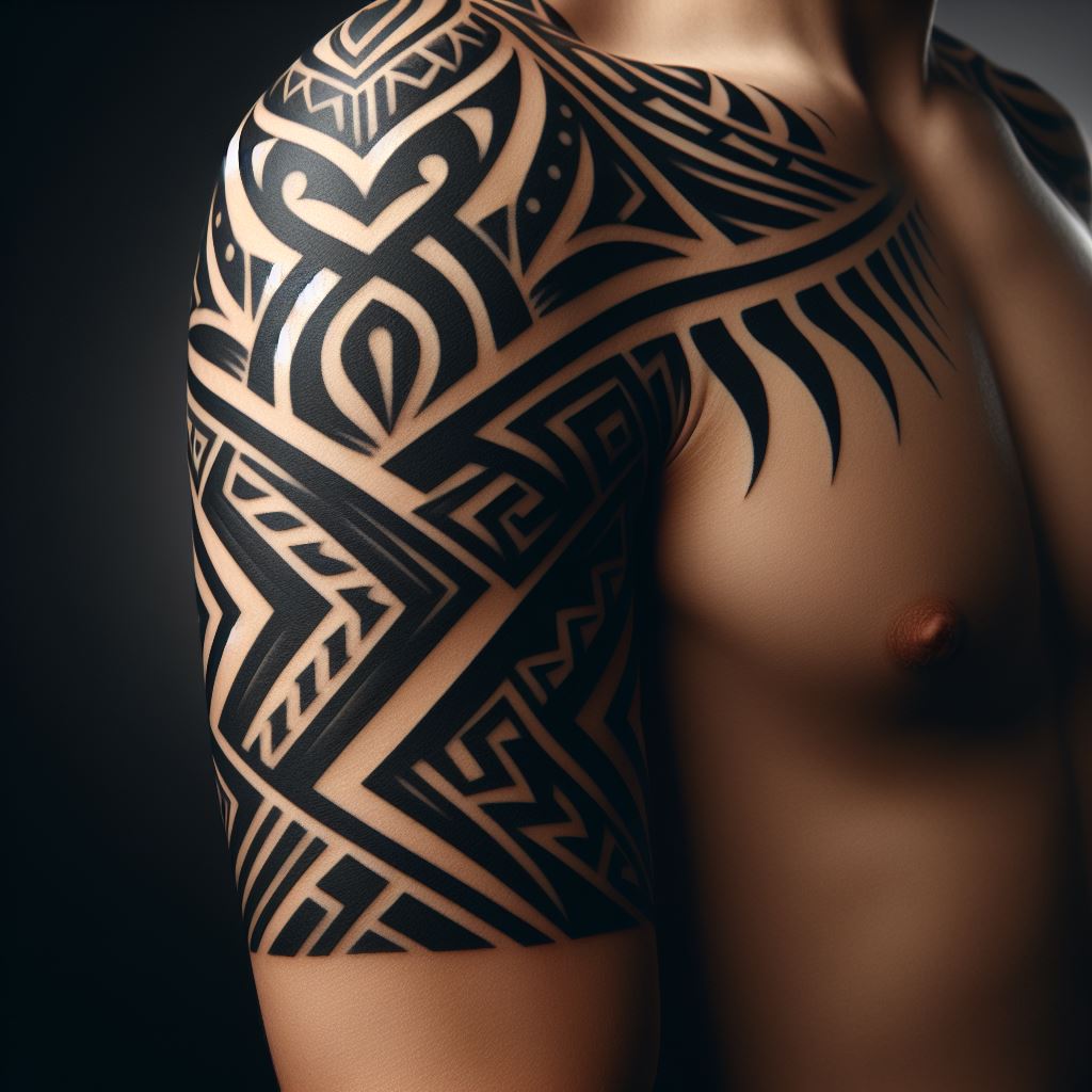 An intricate tribal design that symbolizes strength and bravery, wrapping around the shoulder and down the arm. The tattoo features bold, black lines and shapes that are inspired by traditional tribal tattoos from cultures around the world, embodying the spirit of a warrior.