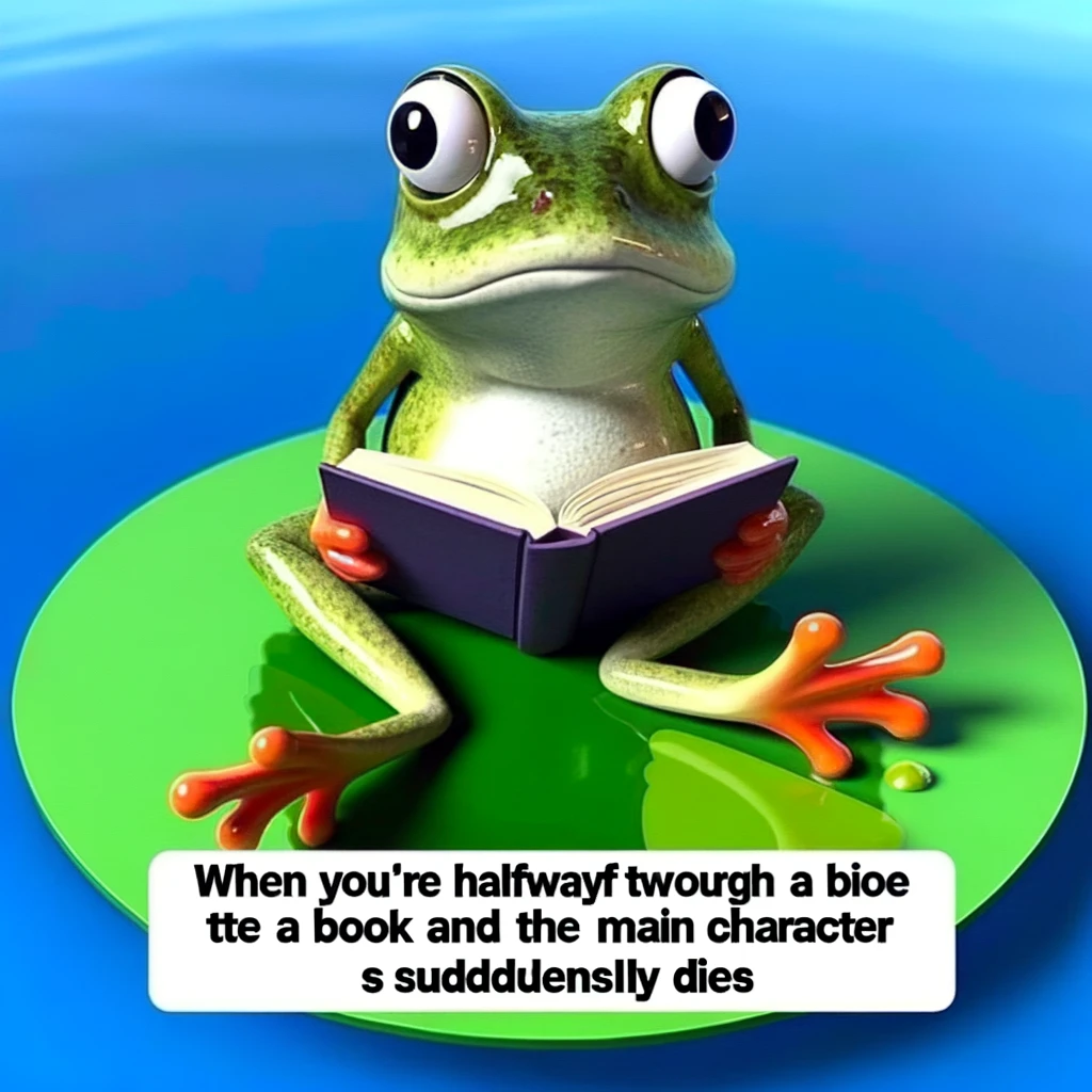 An entertaining meme of a frog sitting on a lily pad with a book, looking utterly shocked, with the caption "When you're halfway through the book and the main character suddenly dies."