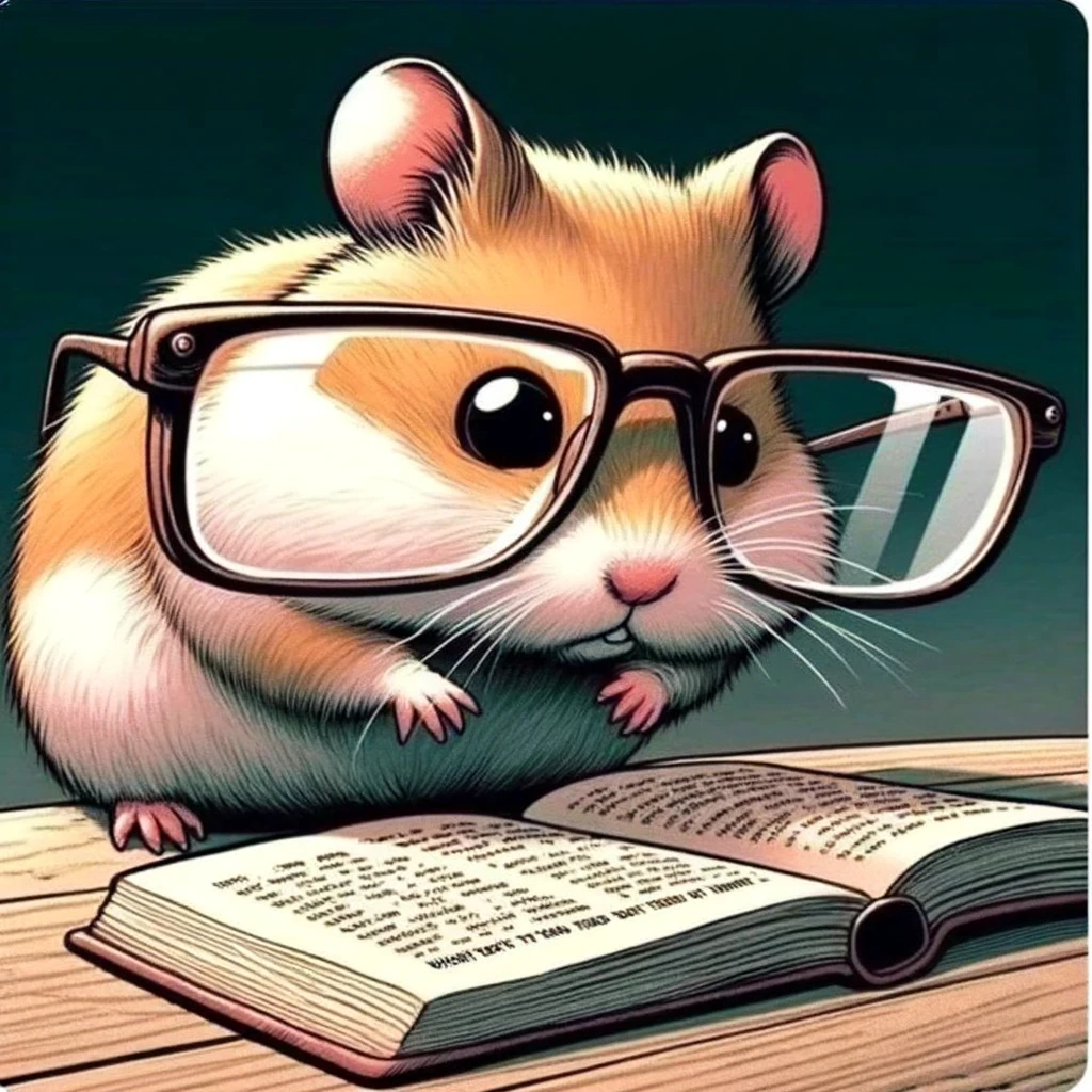 A comic meme featuring a hamster with oversized reading glasses, staring at a tiny book, with the caption "When you're trying to read the fine print but forgot your glasses at home."