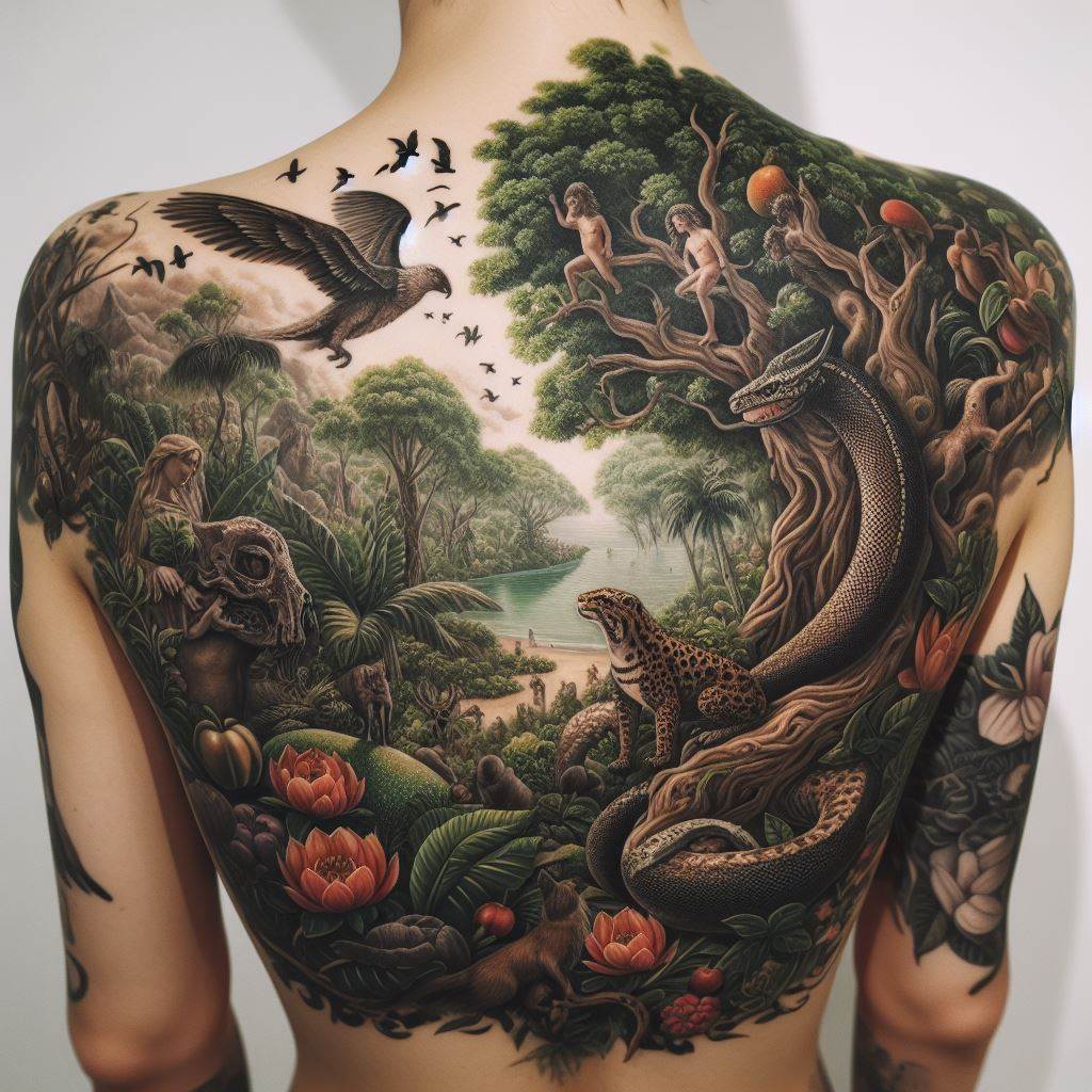 A lush, detailed depiction of the Garden of Eden, complete with the Tree of Knowledge, a serpent, and various animals and plants. This tattoo covers the shoulder and extends slightly down the arm, inviting onlookers into a story of temptation, innocence, and the beauty of nature.
