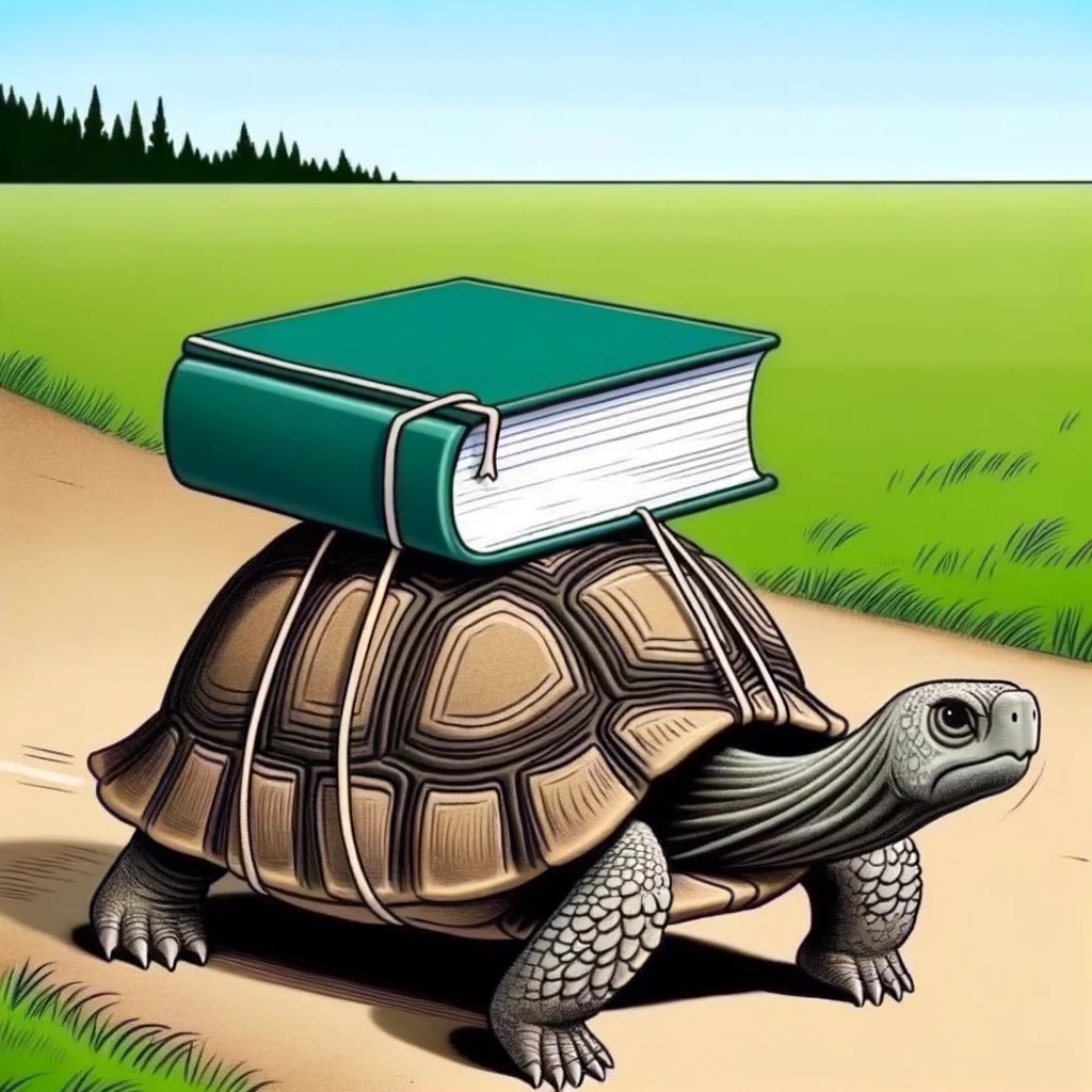 A witty meme showing a turtle with a book on its back, slowly moving along, with the caption "Me, trying to finish a book at my own pace."