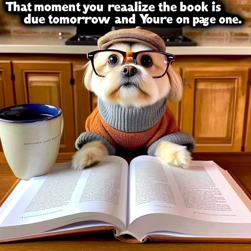 A comical image of a dog wearing glasses, sitting at a desk with an open book, and a cup of coffee beside it. The caption reads, "That moment you realize the book is due tomorrow and you're on page one."