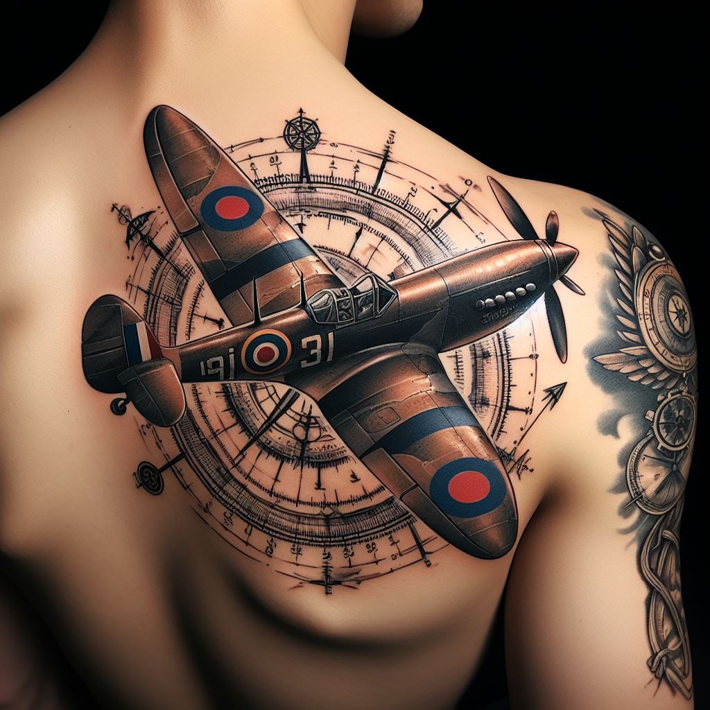 A tattoo that captures the golden age of aviation, featuring a vintage airplane like the Spitfire or Mustang, soaring across the shoulder. The design includes old-fashioned compasses and maps, paying homage to the pioneers of flight. This tattoo is perfect for those who have a love for history and the adventure of flying.
