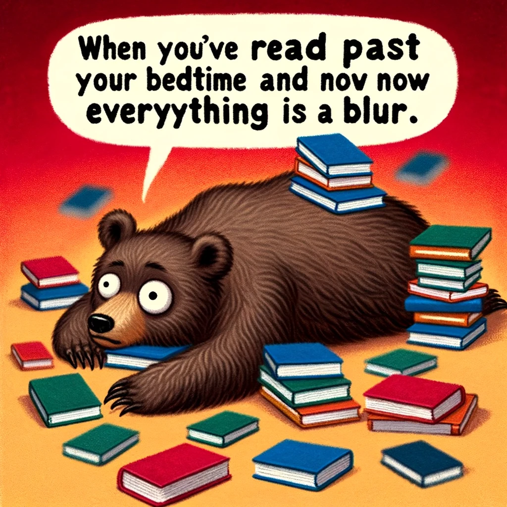 A playful meme of a bear sprawled on the ground surrounded by books, with a dazed look on its face and the caption "When you've read past your bedtime and now everything is a blur."