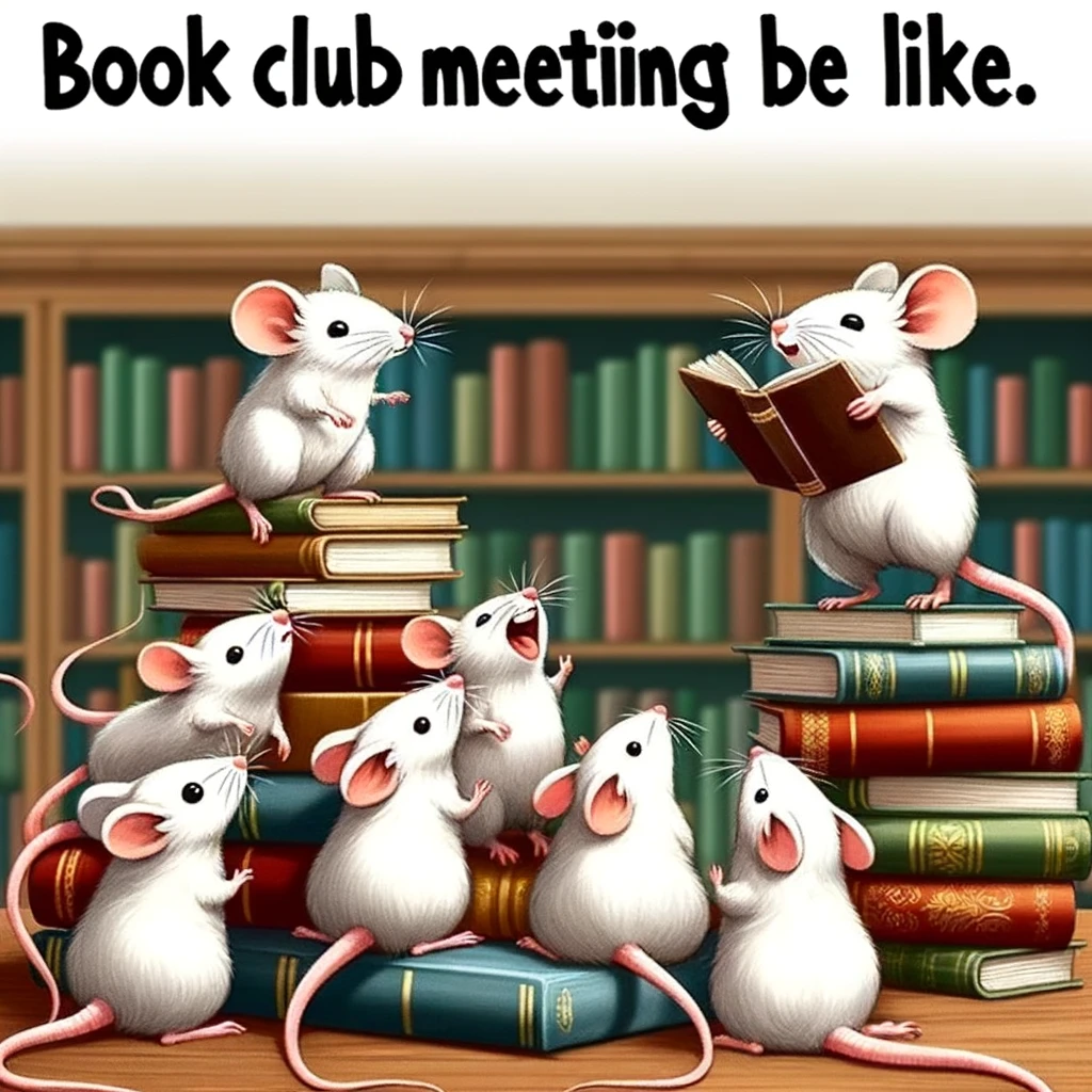 A humorous meme featuring a group of mice in a library, one standing on a stack of books reading to the others, with the caption "Book club meetings be like."
