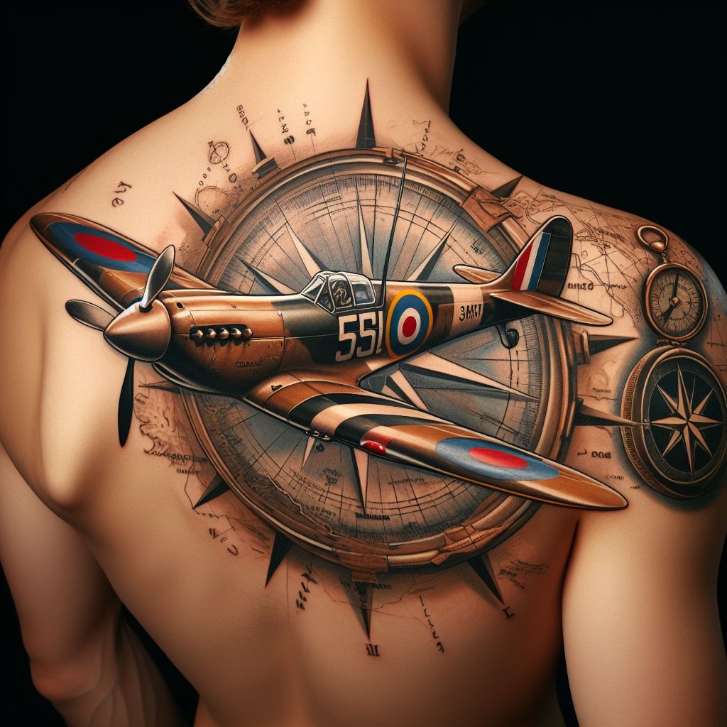 A tattoo that captures the golden age of aviation, featuring a vintage airplane like the Spitfire or Mustang, soaring across the shoulder. The design includes old-fashioned compasses and maps, paying homage to the pioneers of flight. This tattoo is perfect for those who have a love for history and the adventure of flying.