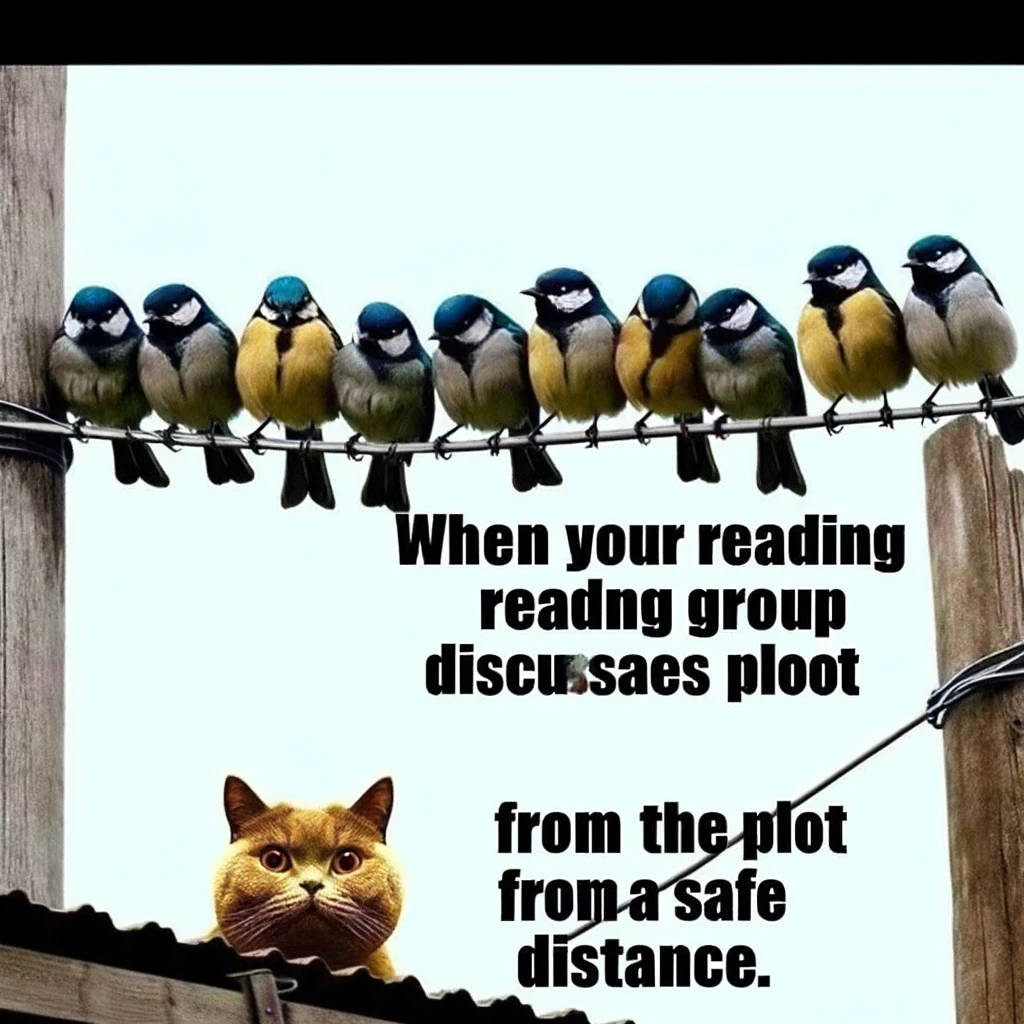 A comic meme showing a group of birds perched on a wire, each with a book, looking down at a cat below, captioned, "When your reading group discusses the plot from a safe distance."