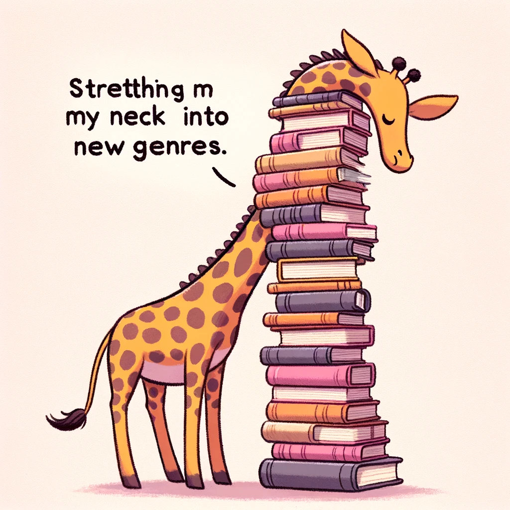 A charming meme of a giraffe with its neck wrapped around a large stack of books, trying to read the top one, captioned, "Stretching my neck into new genres."