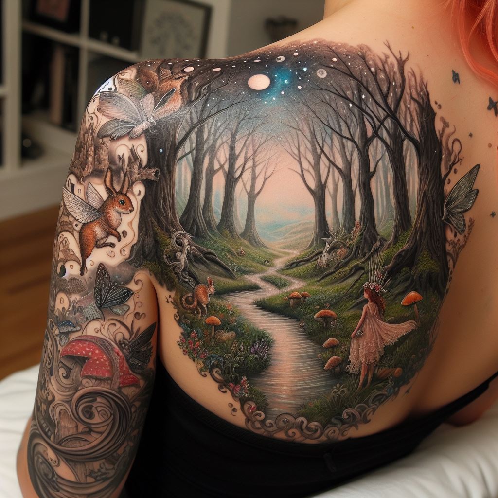 A serene, whimsical woodland scene that stretches over the shoulder, featuring an enchanted forest with towering trees, a meandering stream, and mystical creatures like fairies and woodland animals. The tattoo is rich in detail, with each element carefully shaded to bring the magical forest to life.