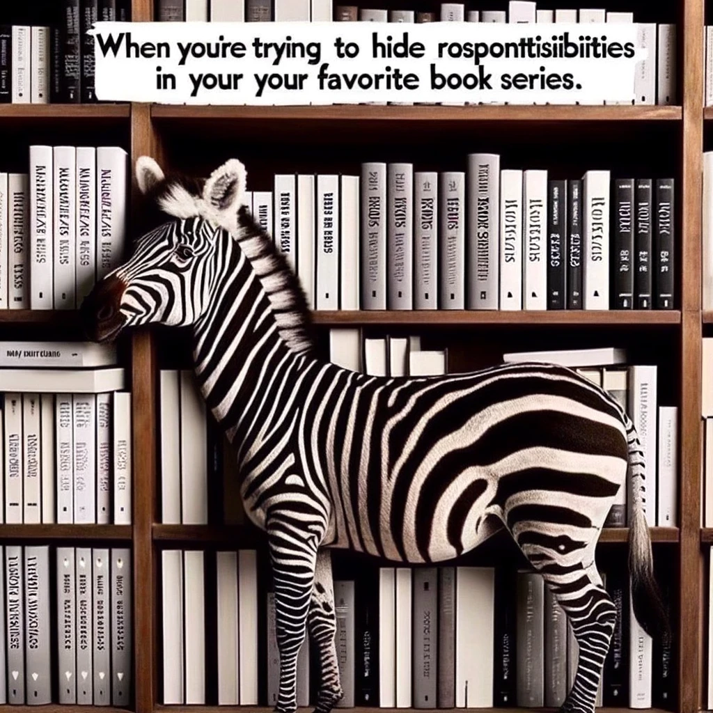 A witty meme featuring a zebra trying to blend in with a row of books on a shelf, captioned, "When you're trying to hide from responsibilities in your favorite book series."
