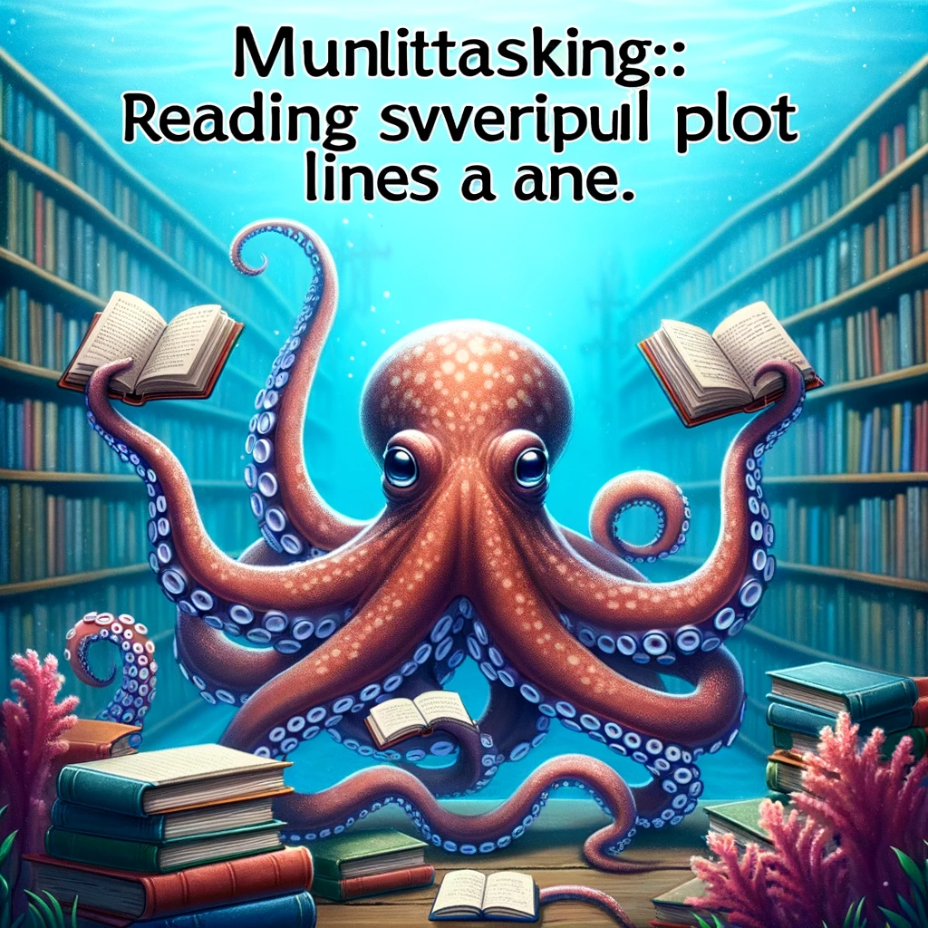 A delightful meme of an octopus in an underwater library, holding several books with its tentacles, captioned, "Multitasking: Reading several plot lines at once."