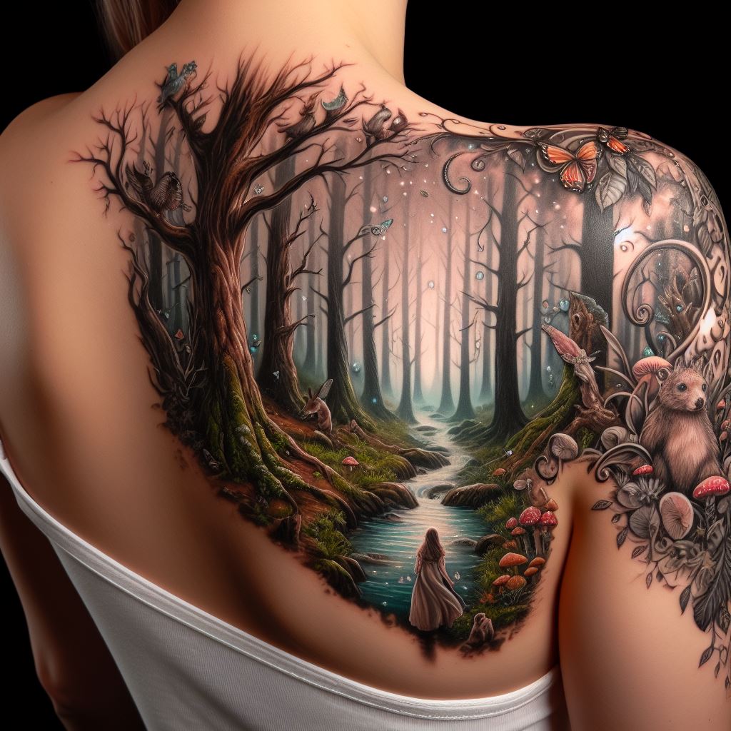 A serene, whimsical woodland scene that stretches over the shoulder, featuring an enchanted forest with towering trees, a meandering stream, and mystical creatures like fairies and woodland animals. The tattoo is rich in detail, with each element carefully shaded to bring the magical forest to life.
