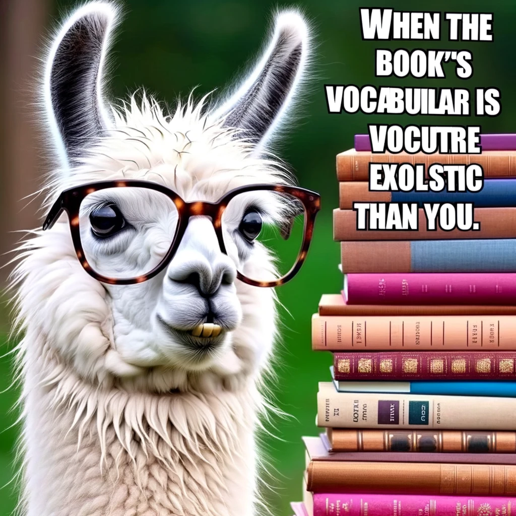 A humorous meme showing a llama wearing spectacles, with a stack of books beside it, looking utterly baffled, captioned, "When the book's vocabulary is more exotic than you."