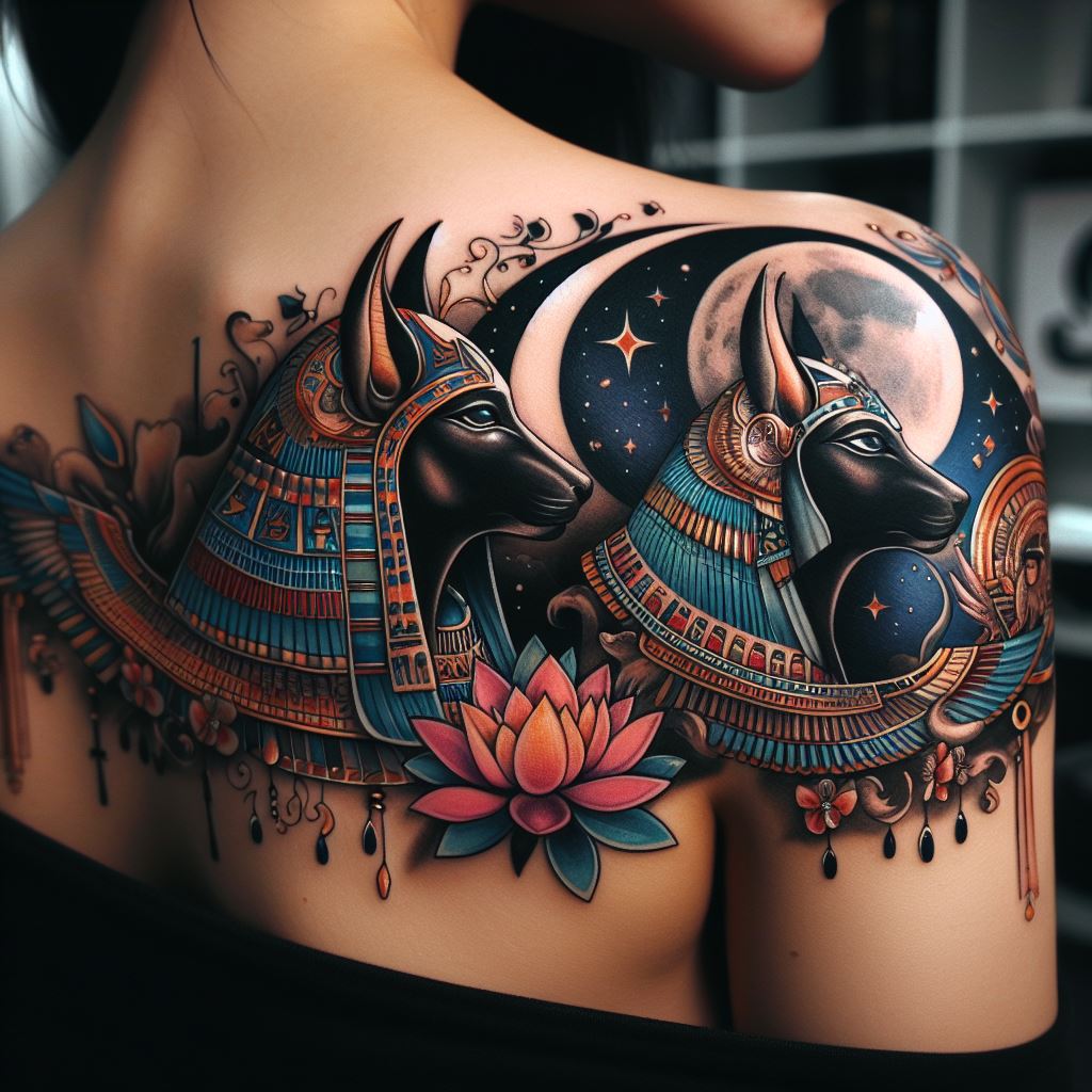 A majestic tattoo showcasing deities from the Ancient Egyptian pantheon, such as Anubis or Isis, depicted with traditional iconography like hieroglyphics and lotus flowers. Positioned on the shoulder, this design connects the wearer to the mysteries and spiritual beliefs of ancient Egypt.