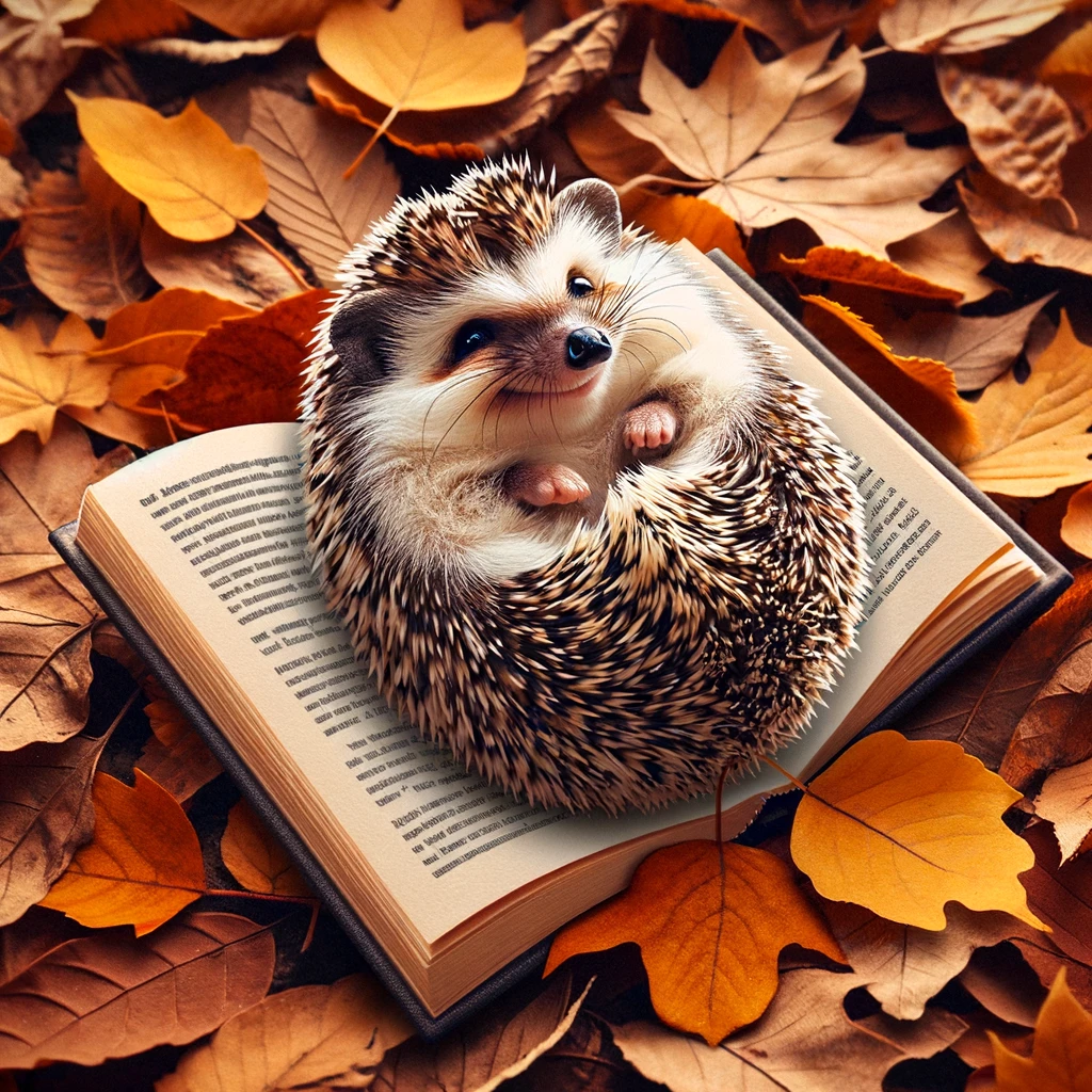 A comical meme of a hedgehog curled up with a book, surrounded by fallen leaves, captioned, "Cozying up with a good book for the autumn vibes."