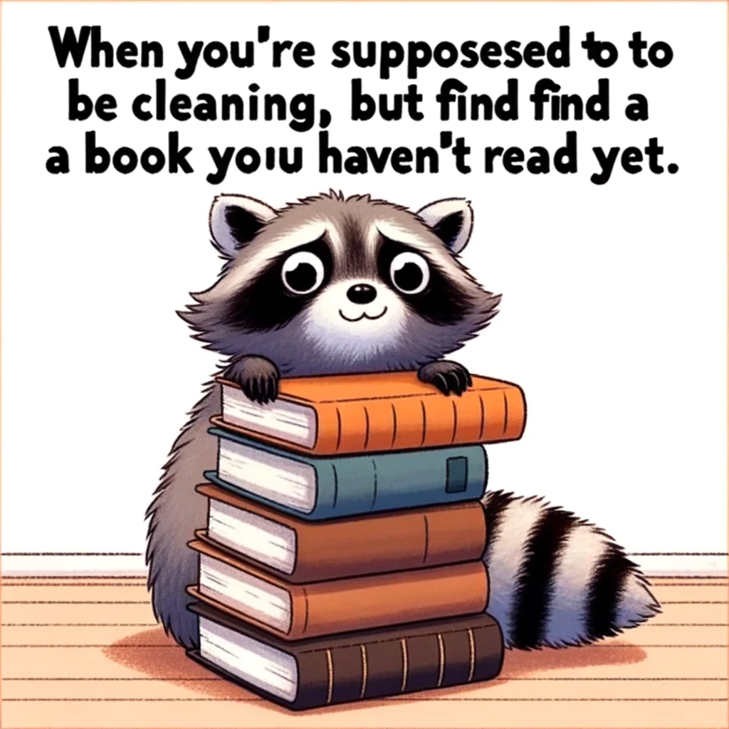 A playful meme featuring a raccoon peeking out from behind a stack of books, with the caption "When you're supposed to be cleaning, but find a book you haven't read yet."