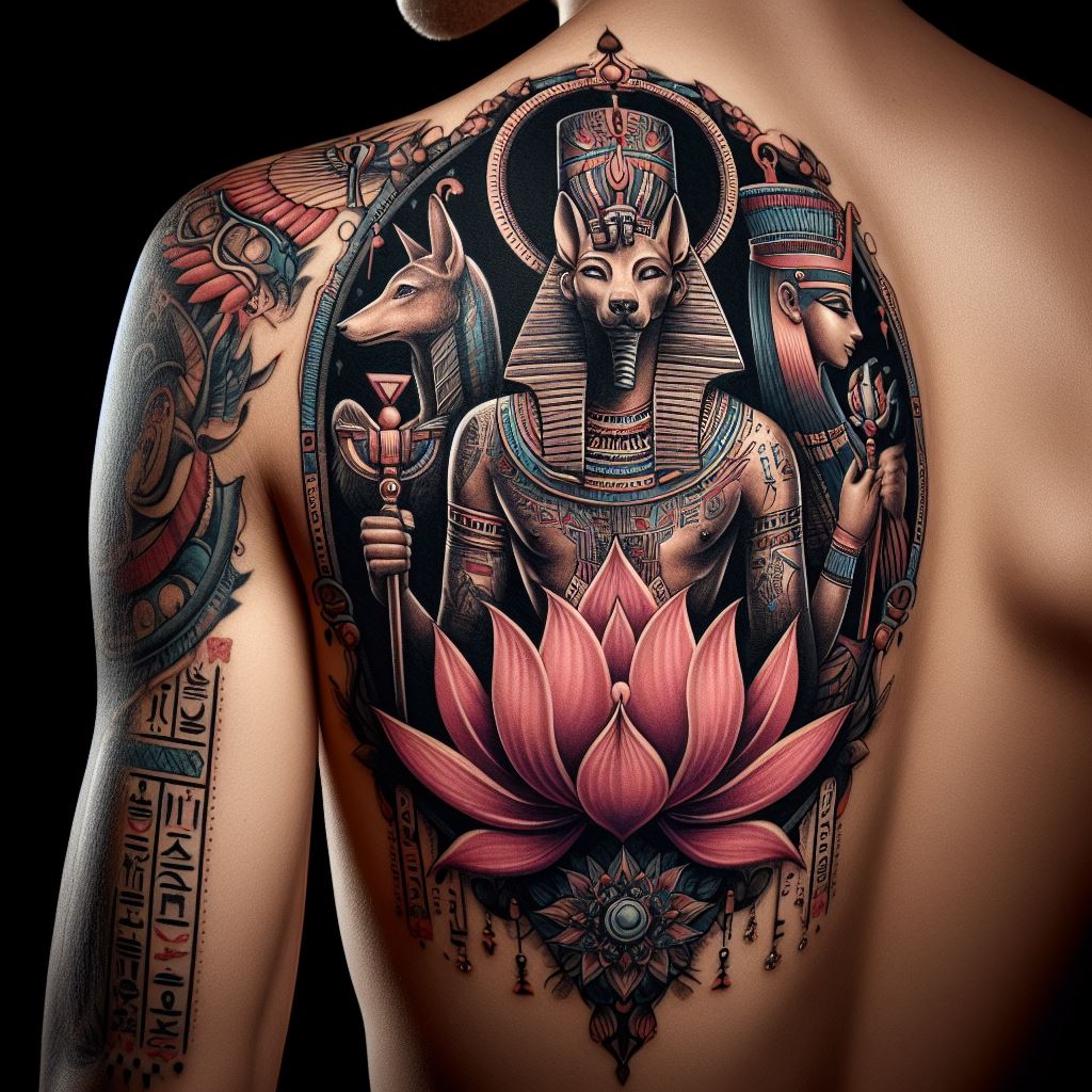 A majestic tattoo showcasing deities from the Ancient Egyptian pantheon, such as Anubis or Isis, depicted with traditional iconography like hieroglyphics and lotus flowers. Positioned on the shoulder, this design connects the wearer to the mysteries and spiritual beliefs of ancient Egypt.
