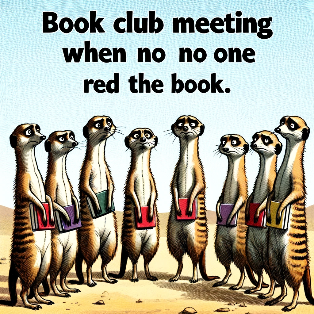 A comic meme with a group of meerkats standing in a circle, each holding a book, looking confused at each other, with the caption "Book club meeting when no one read the book."