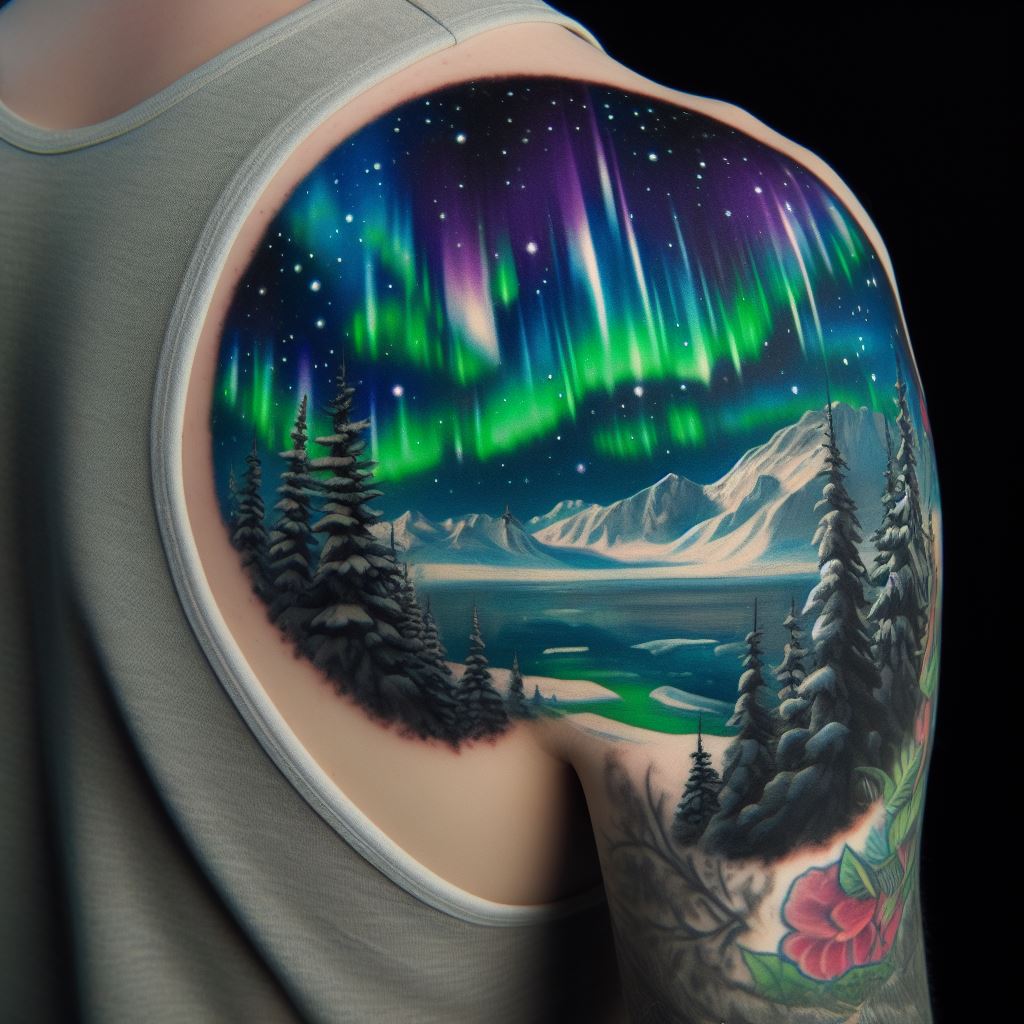 A captivating depiction of the aurora borealis over a polar landscape, covering the shoulder area. The tattoo uses vibrant greens, purples, and blues to mimic the natural light display, set against a backdrop of snow-covered mountains and pine trees, evoking the quiet beauty of the polar night.
