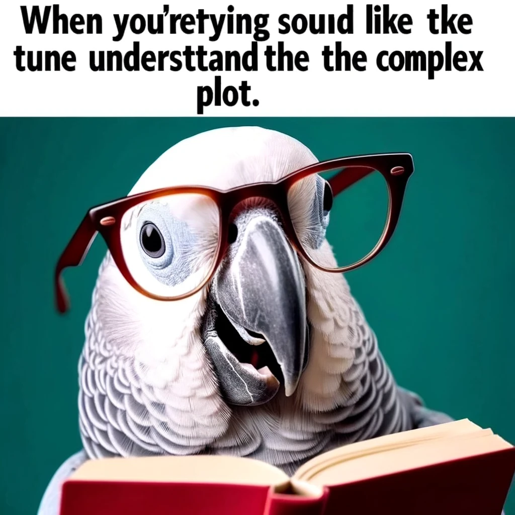 A playful meme showing a parrot with glasses, mimicking reading out loud from a book, with the caption "When you're trying to sound like you understand the complex plot."
