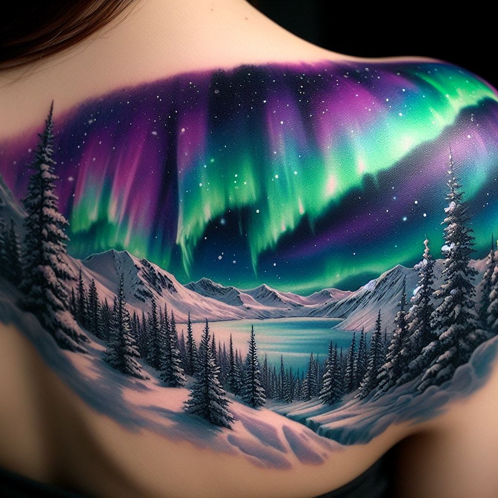 A captivating depiction of the aurora borealis over a polar landscape, covering the shoulder area. The tattoo uses vibrant greens, purples, and blues to mimic the natural light display, set against a backdrop of snow-covered mountains and pine trees, evoking the quiet beauty of the polar night.