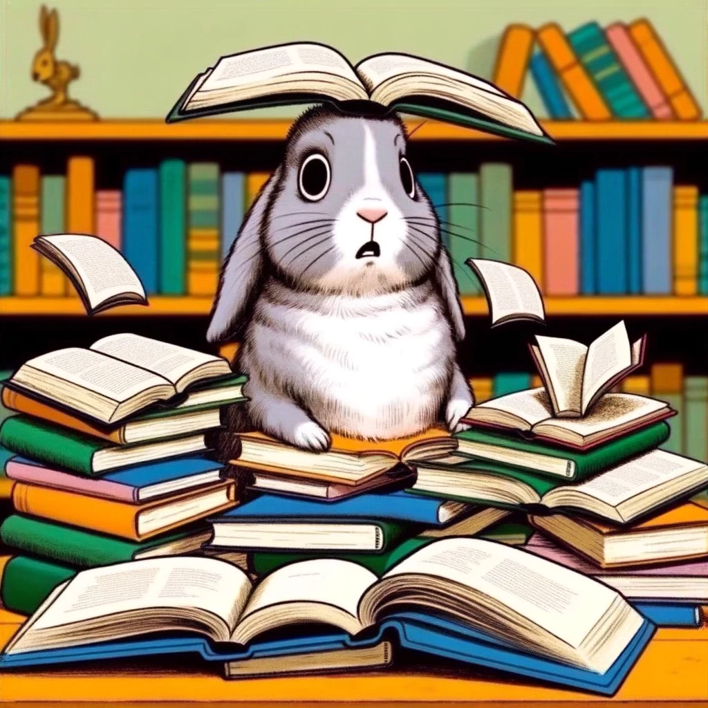 A whimsical meme of a rabbit surrounded by open books, looking overwhelmed, with the caption "Me trying to juggle reading multiple books at the same time."