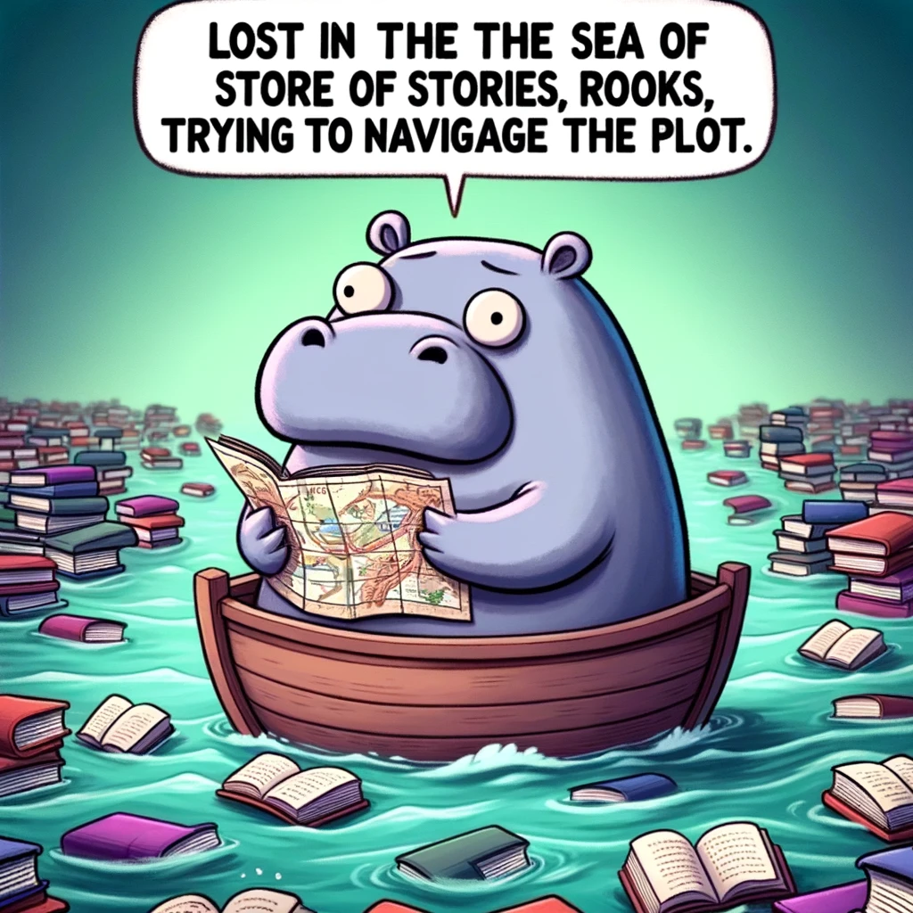 A funny meme showing a hippo in a small boat reading a map, surrounded by books, with the caption "Lost in the sea of stories, trying to navigate the plot."