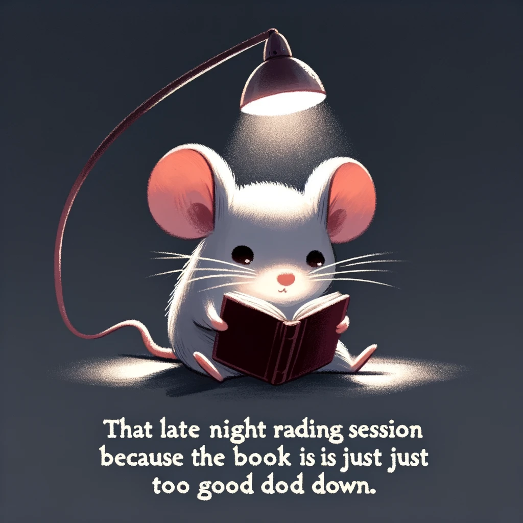 An endearing meme of a mouse with a tiny lamp, reading a book late at night, with the caption "That late night reading session because the book is just too good to put down."